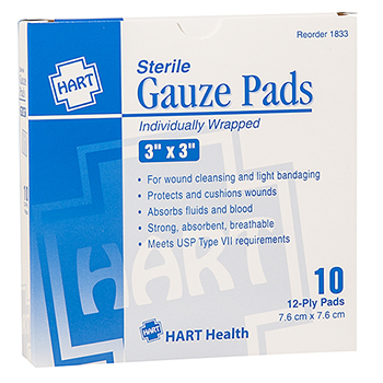 Gauze Pads, HART, sterile, 3" x 3", 10 per box