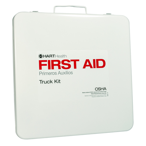 24 Unit Metal Box, HART, labeled "First Aid Truck Kit", empty