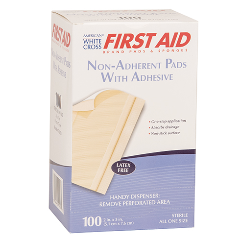 First Aid Non-Adherent Pad, White Cross, with adhesive, sterile, 100 per box