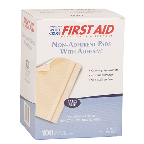 First Aid Non-Adherent Pad, White Cross, with adhesive, 100 per box