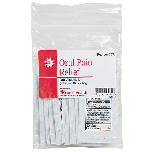 Oral Pain Relief, HART, Benzocaine 20%, 0.75 gm packets, 10 per bag